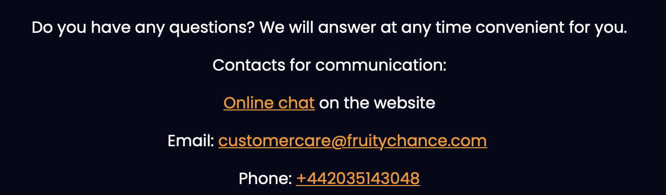 Fruity Chance Casino Contacts